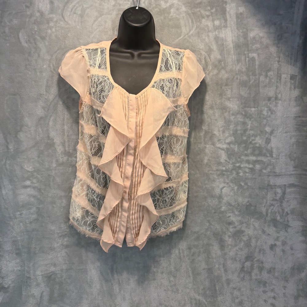Jealous Tomato Peach‎ Pink Ruffle Front Lace Inset Cap Sleeve Blouse Size M